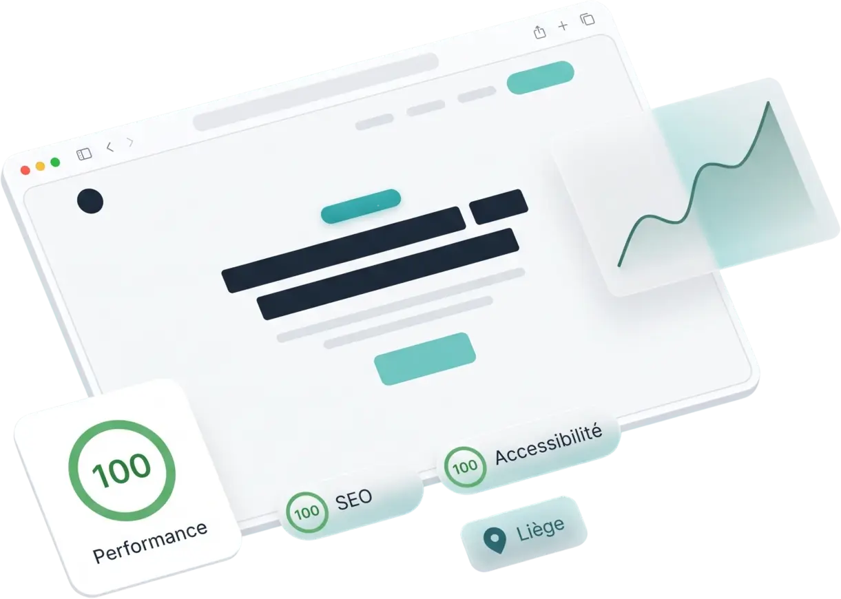 Aperçu d'un site web haute performance : navigateur avec tableau de bord, score Google Lighthouse 100, SEO et accessibilité 100 à Liège