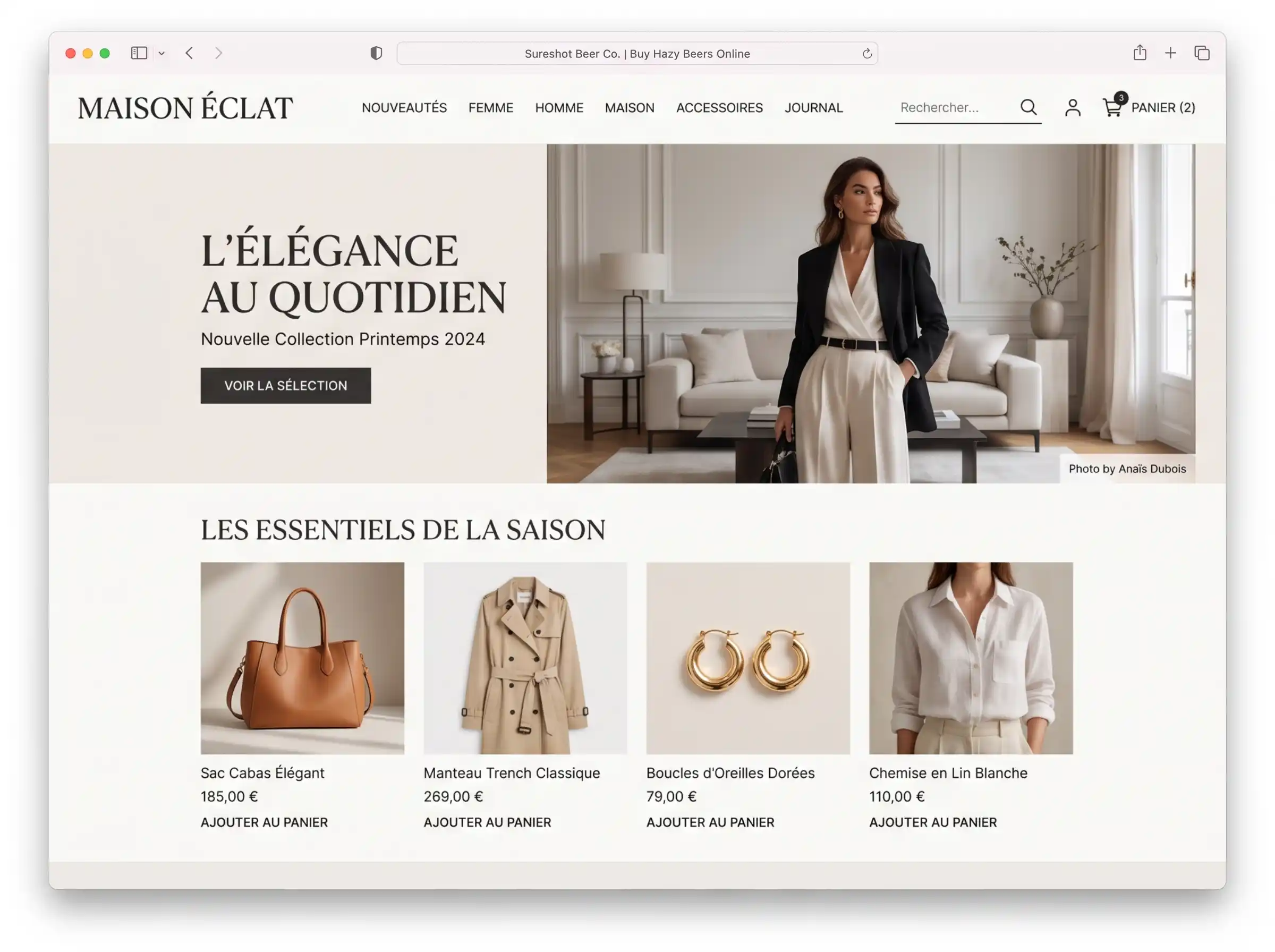 E-Commerce Mockup — Boutique en ligne avec intégration Stripe pour commerçants belges